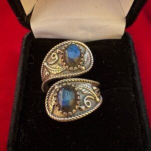 Double Labradorite Adjustable Ring, Size 9. Sterling Silver 925. Very detailed.
